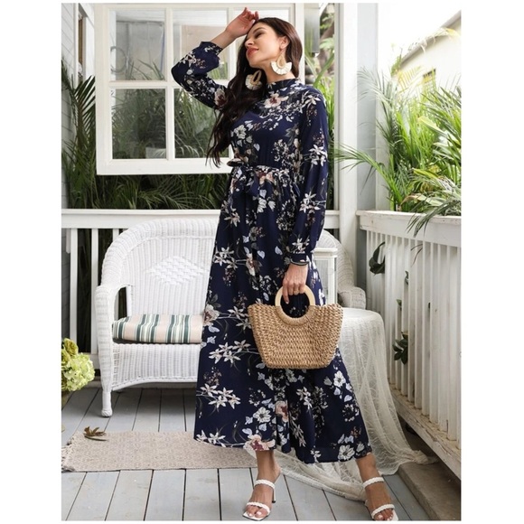New Allover Floral Print Self-Tie Swing Maxi Dress Navy Blue Size Medium NWOT - Picture 4 of 7